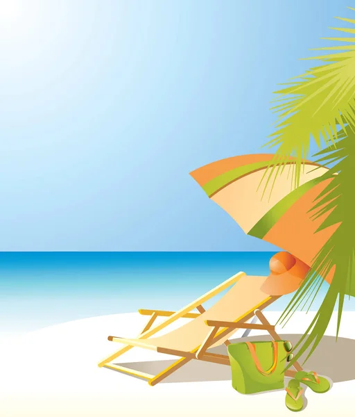 Hintergrund Mit Meer Sonnenschirm Chaiselongue Strandzubehör Und Palme — Stockvektor