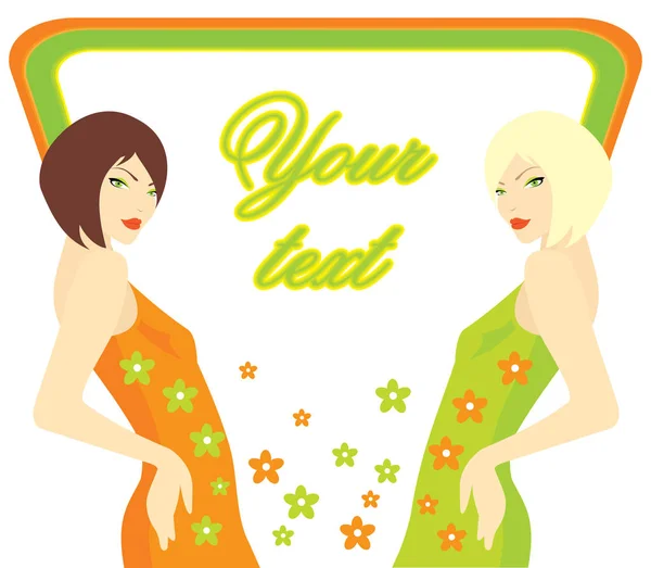 Twee Heldere Meisjes Een Oranje Groene Jurk Een Witte Achtergrond — Stockvector
