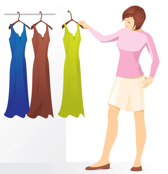 Young Brunette Woman Chooses Dress Three Dresses Hang Hangers — Stock Vector
