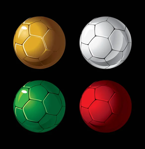 Quattro Palloni Calcio Diversi Colori Sfondo Nero — Vettoriale Stock