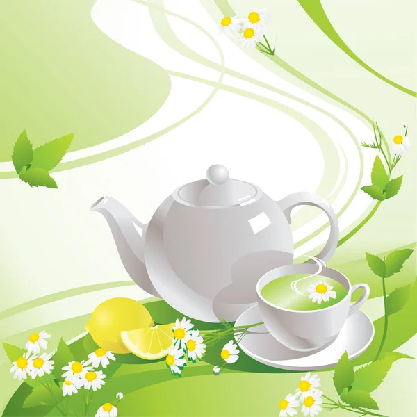 Weiße Teekanne Und Tasse Mit Grünem Tee Zitrone Und Kamille — Stockvektor