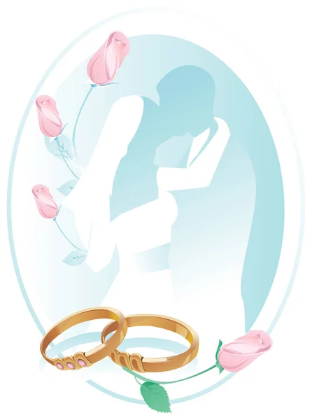 Tarjeta Boda Azul Con Rosas Rosadas Anillos Silueta Una Pareja — Vector de stock