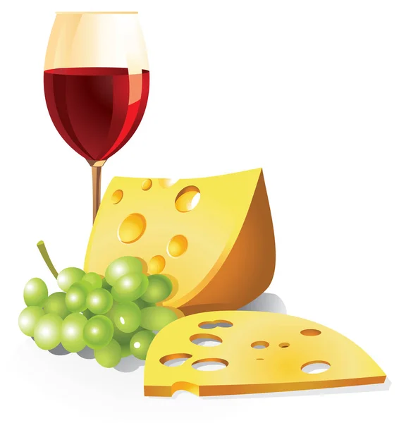 Still Life Glass Red Wine Piece Cheese Bunch Grapes — Stock Vector