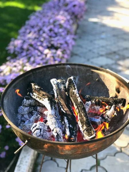 Brazier Fire Logs Charcoal Open Air Sunny Day — Stock Photo, Image