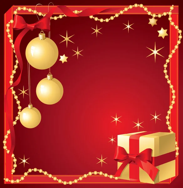 Рождественский Красный Фон Шариками Лентой Бусами Подарочной Коробкой — стоковый вектор