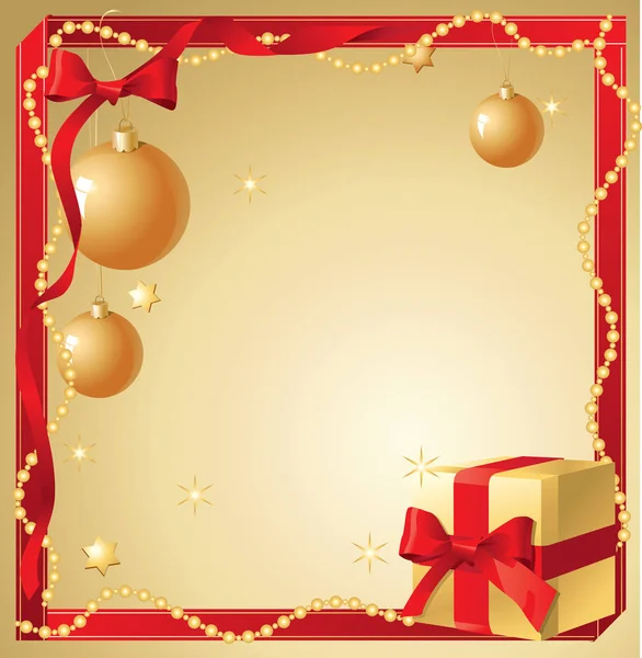 Рождественский Золотой Фон Шариками Лентой Бусами Подарочной Коробкой — стоковый вектор