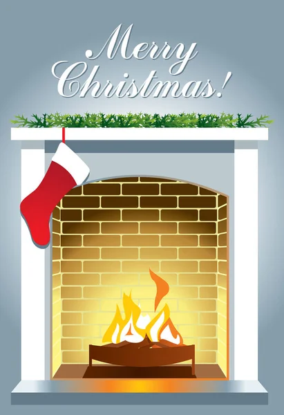 Yanan Bir Ateş Şömine Süslenmiş Noel Ağacı Dalları Çorap Ile — Stok Vektör