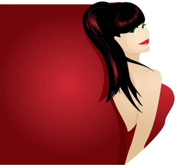 Ελκυστική Μελαχρινή Ένα Φόρεμα Ανοιχτή Πλάτη Κόκκινο Φόντο — Διανυσματικό Αρχείο