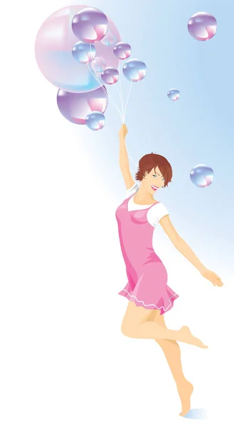 Güzel kız bir pembe elbise balonlarla el.