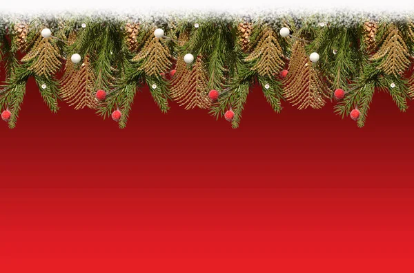 Красный Фон Еловыми Ветками Рождественскими Украшениями Посыпанными Снегом — стоковое фото