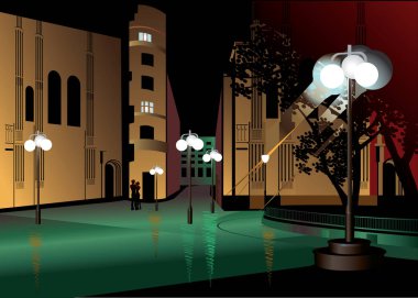 Akşam cityscape fenerler ve ıslak Asfalt ile.