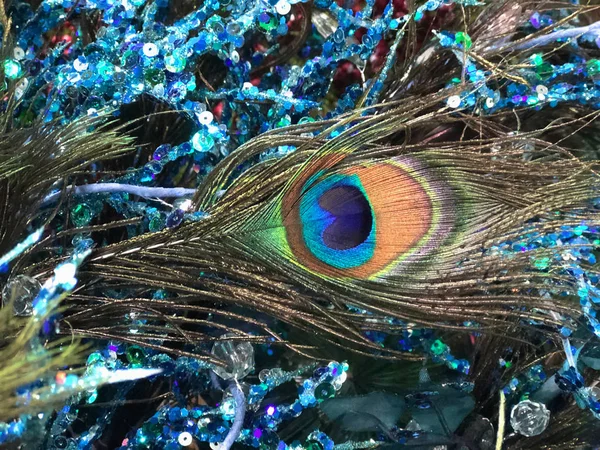 Elegante Achtergrond Met Turquoise Pailletten Peacock Feather — Stockfoto