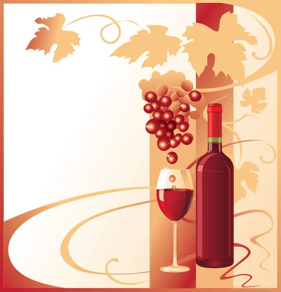 瓶子和玻璃与红酒装饰与藤蔓和一串葡萄在白色背景 — 图库矢量图片