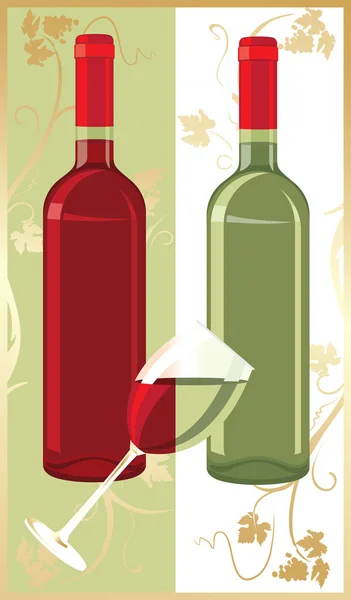 Bottles Red White Wine Glass Them White Green Background Golden — Stock Vector