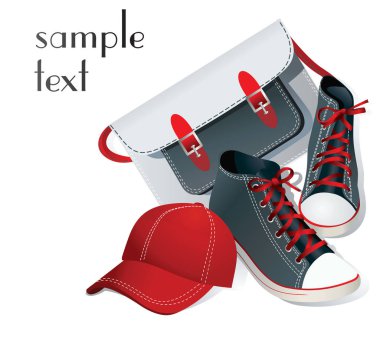 Gençlik aksesuarları, kızlar için ayarlayın. Kırmızı beyzbol şapkası, çanta ve lastikbotlar. Vektör.