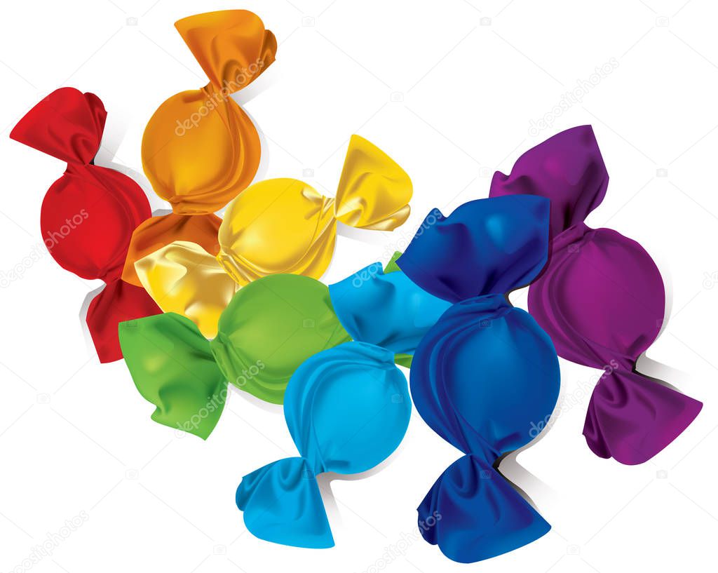 Set of round candy wrappers in different colors. Candy wrappers of all colors of the rainbow. Vector