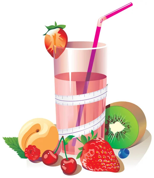 Cocktail Glas Mit Erdbeere Pfirsich Kirsche Himbeere Und Kiwi Isoliert — Stockvektor