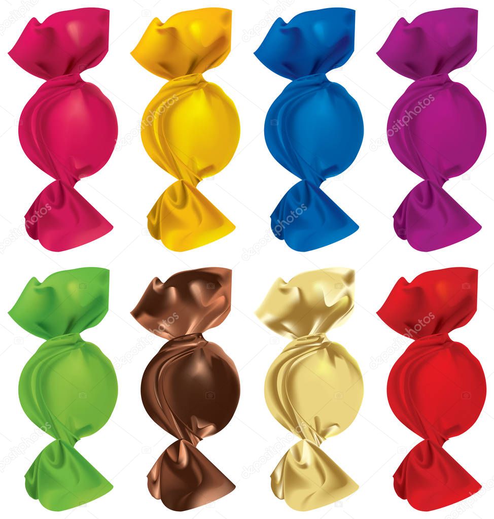 A set of candies wrapped in multi-colored wrappers on a white background. Vector