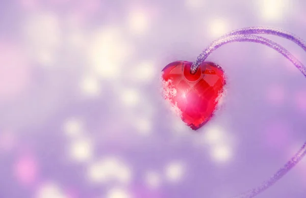 Pink Glass Heart Silver Ribbon Purple Glitter Lights Background Image — Stock Photo, Image