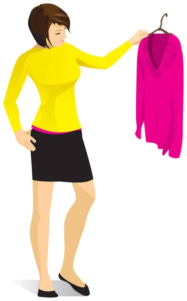 Młoda Kobieta Żółta Bluzka Czarna Spódnica Trzyma Wieszak Różowy Sweter — Wektor stockowy