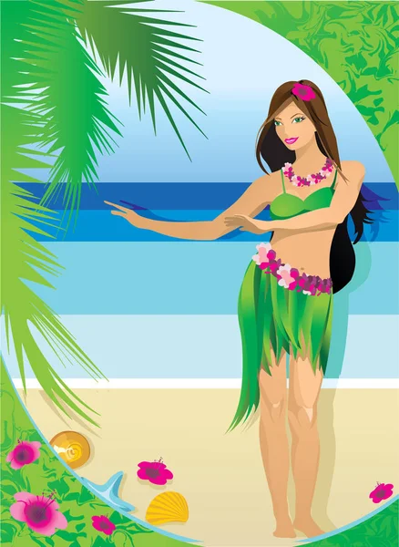 Young Girl Hawaiian Clothes Background Beach Sea Palm Leaves Vector — Stock Vector