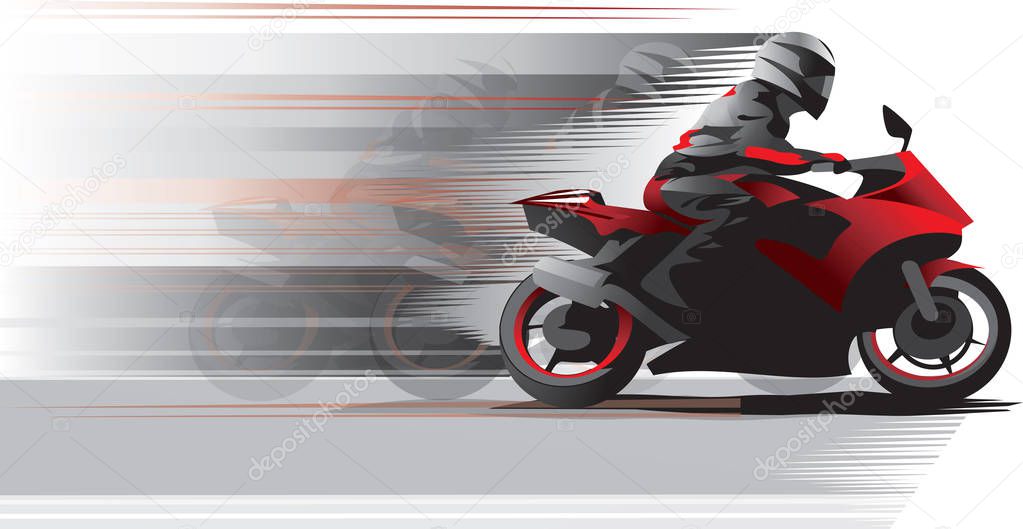 Motorcycle racer on a black and red motorcycle in motion, side view. Vector
