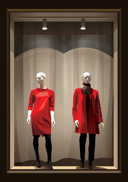Vertical Showcase Two Mannequins Dressed Red Black Clothes Light Vector — Stock Vector