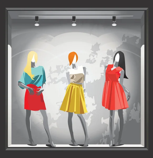 Kadın Mankenler Parlak Yaz Giysileri Içinde Gri Bir Dükkandan Vektör — Stok Vektör