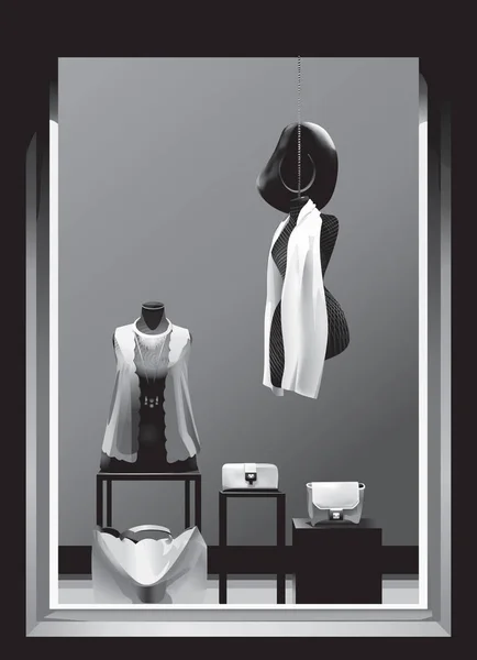 Escaparate Con Maniquíes Sombrero Bolsos Blanco Negro Vector — Archivo Imágenes Vectoriales