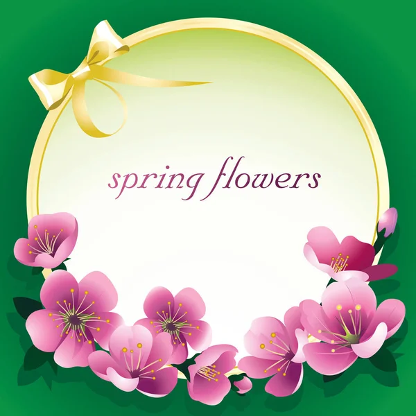 Frühlingsrosa Blüten Auf Grünem Hintergrund Mit Rundem Rahmen Und Schleife — Stockvektor