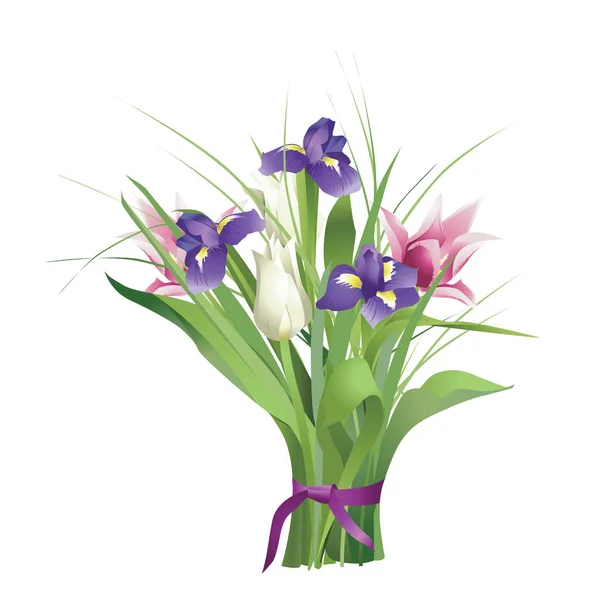 Bouquet with irises and tulips. — Stock Vector