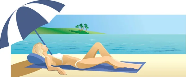 Kobieta leżąca pod parasolem na plaży. — Wektor stockowy