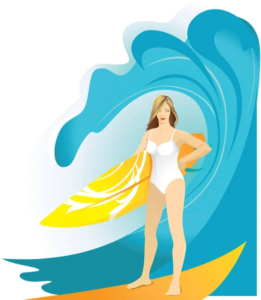 Surfer-Mädchen im Bikini mit Surfbrett. — Stockvektor