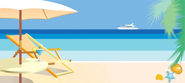 Plážové křeslo a slunečník na pláži. — Stockový vektor