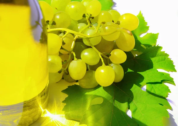 Ett gäng vita druvor nära flaskan med vin. — Stockfoto