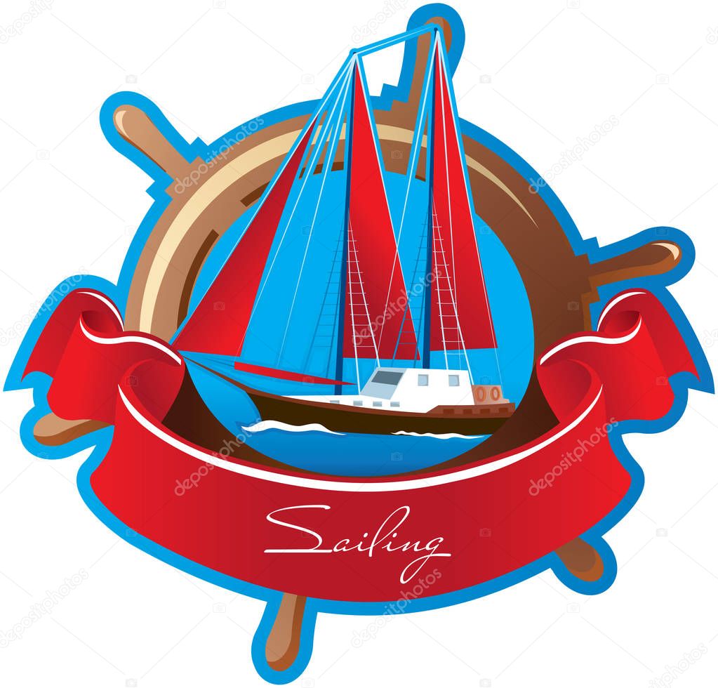 Emblem with marine symbols and sailboat.