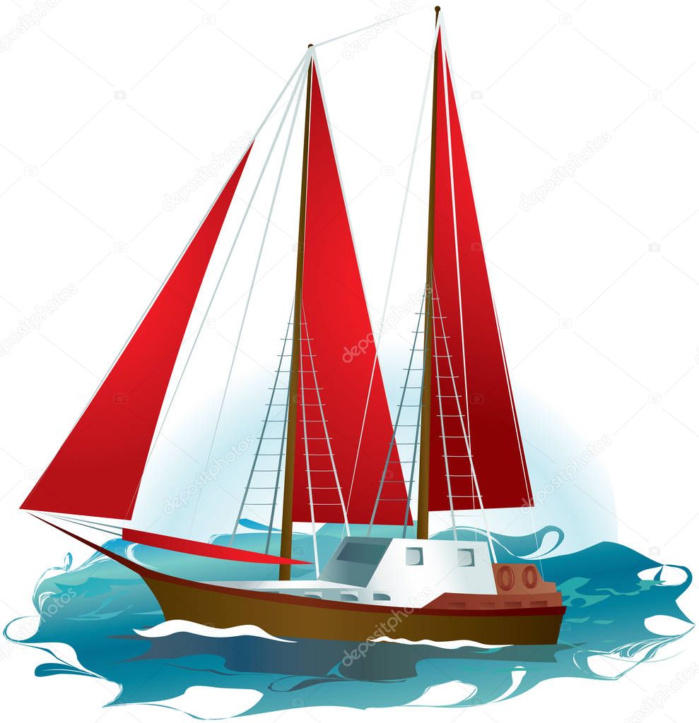 Small ship with red sails on blue waves and white background. Vector