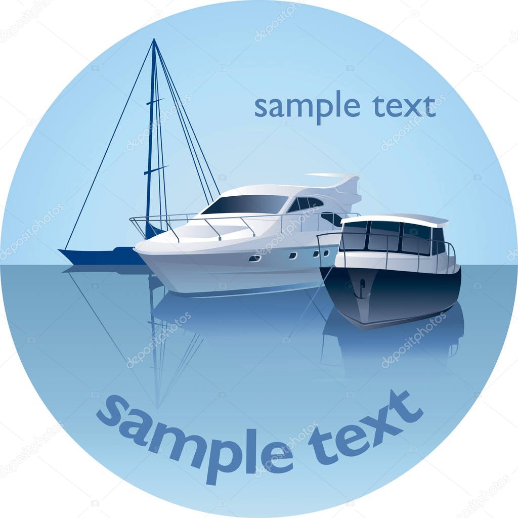 Yacht, sailboat and boat on a blue background, round emblem. Vector
