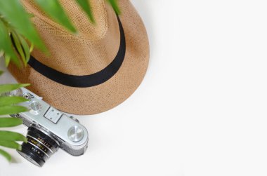 Şapka, kamera ve palmiye yaprakları ile beyaz arka plan.