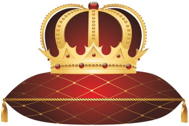 Kırmızı kadife yastık üzerinde altın taç.