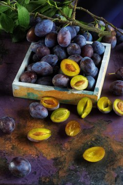 Dilimlenmiş ve rustik ahşap üzerine dekore edilmiş taze olgun menekşe lezzetli sulu Erik, arka plan olarak kullanılabilir