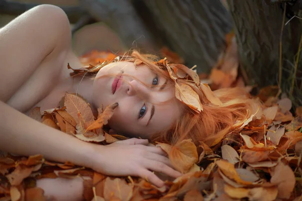 Beautiful Sexy Lovely Young Girl Lying Golden Autumn Leaves Covered — Stock Photo, Image