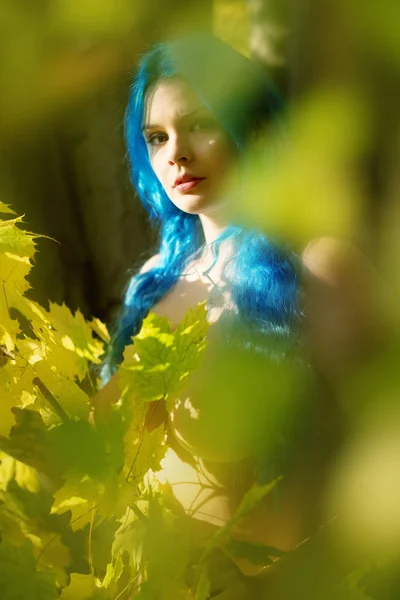の青い毛を持つ美しい若い型破りな女エモは緑の黄色葉の秋の森をピアします — ストック写真