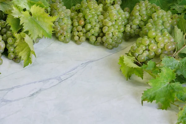 Fresh ripe green white tasty juicy grapes, with leaves on white marble kitchen table can be used as background with free space for your text