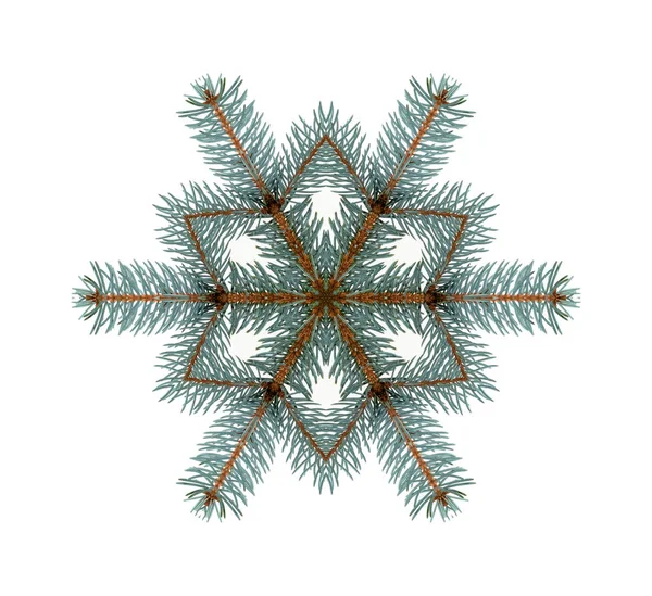 White Fir Branches Hexagon Edited Christmas Winter Snowflake Isolated White — Stock Photo, Image