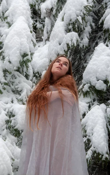 Junge Frau Mit Langen Haaren Winter Mit Langem Weißen Kleid — Stockfoto