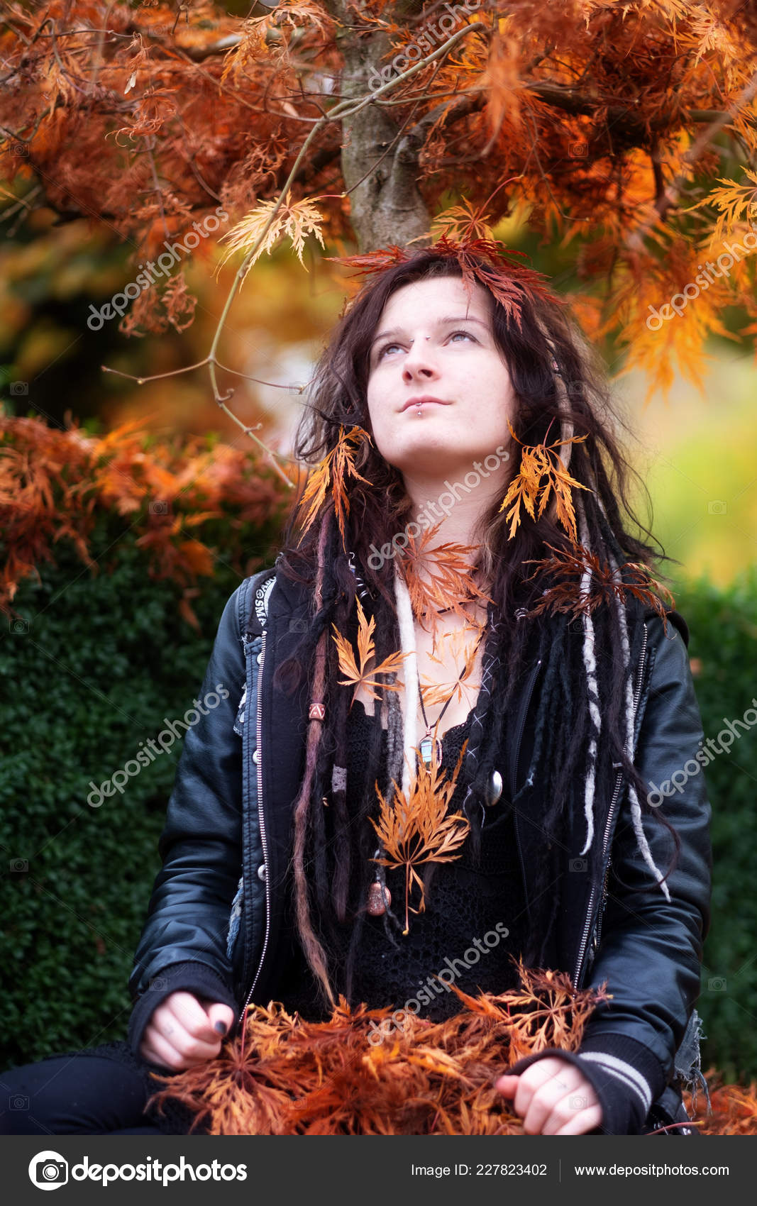 Japanese Maple Leaves Tattoo Beautiful Young Individual Eccentric Woman Dreadlocks Piercing Tattoo Wearing Black Stock Photo C Ullision