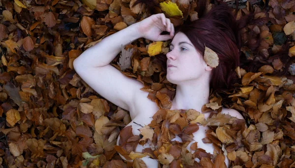 Profile Portrait of a beautiful sexy lovely young girl lying on golden autumn leaves, covered with red brown autumnal leaves, in the park