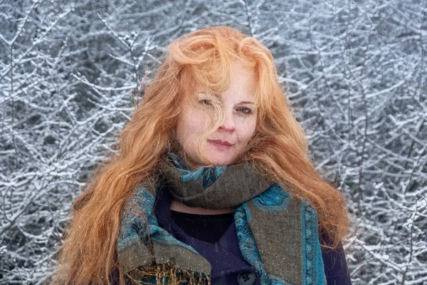 Portrait Beautiful Red Haired Woman Scarf Long Curly Hair Happily — Stock Photo, Image