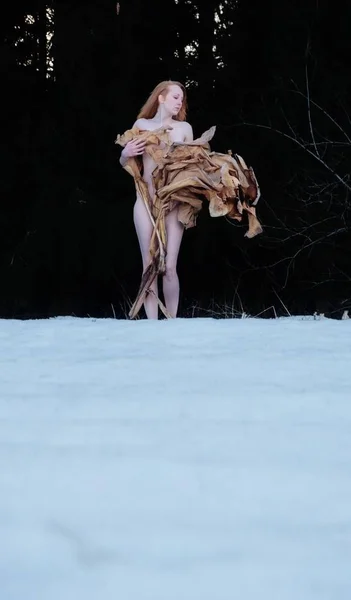 Mujer sexy joven con el pelo rojo en invierno, con seco, árbol de plátano seco cubierto de nieve — Foto de Stock